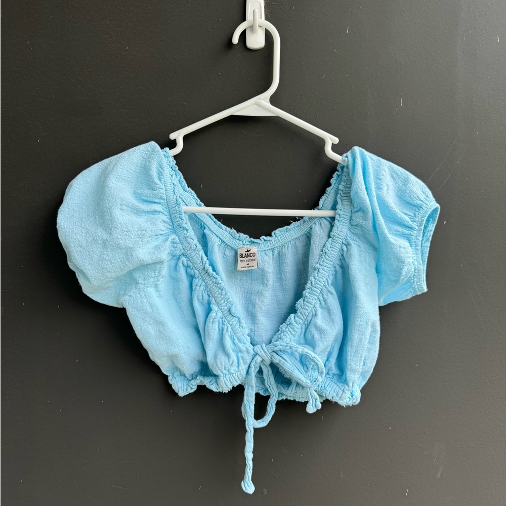 100% Cotton Blanco Light Blue Cropped Tie-Front Blouse